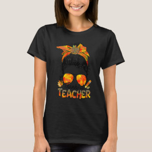 Thankful Teacher Leopard Messy Bun Autumn Thanksgi T-Shirt