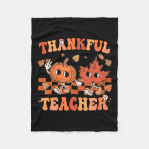 Thankful Teacher Retro Groovy Thanksgiving Fall 1 Fleece Blanket