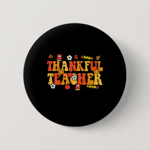 Thankful Teacher Retro Groovy Thanksgiving Fall Wo 6 Cm Round Badge
