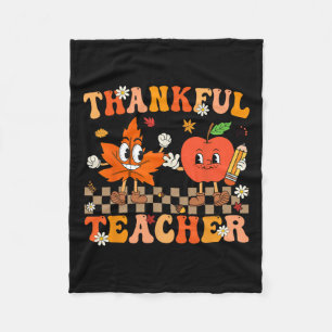 Thankful Teacher Retro Groovy Thanksgiving Fall Wo Fleece Blanket