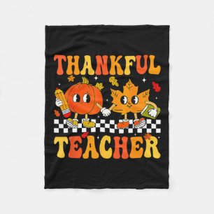 Thankful Teacher Retro Groovy Thanksgiving Fall Wo Fleece Blanket