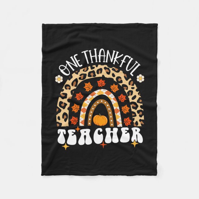 Thankful Teacher Thanksgiving Rainbow Leopard Fall Fleece Blanket (Front)