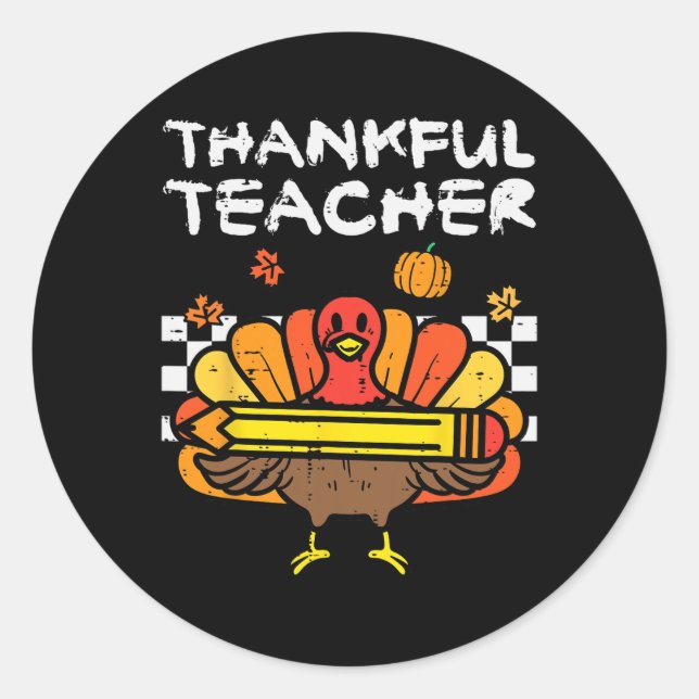 Thankful Teacher Thanksgiving Turkey Retro Fall Wo Classic Round Sticker (Front)