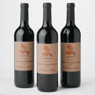 Thankful Thanksgiving Acorn Personalised Kraft Wine Label