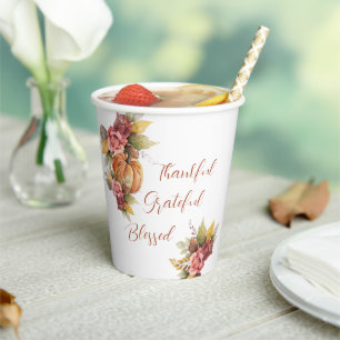 Thankful Thanksgiving Autumn Orange Pumpkin Paper Cups