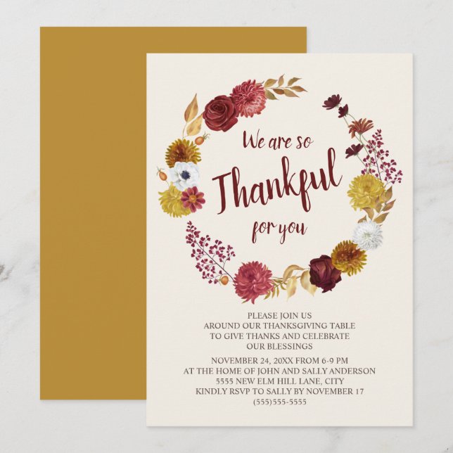 Thankful Thanksgiving Burgundy Gold Floral Invitation (Front/Back)