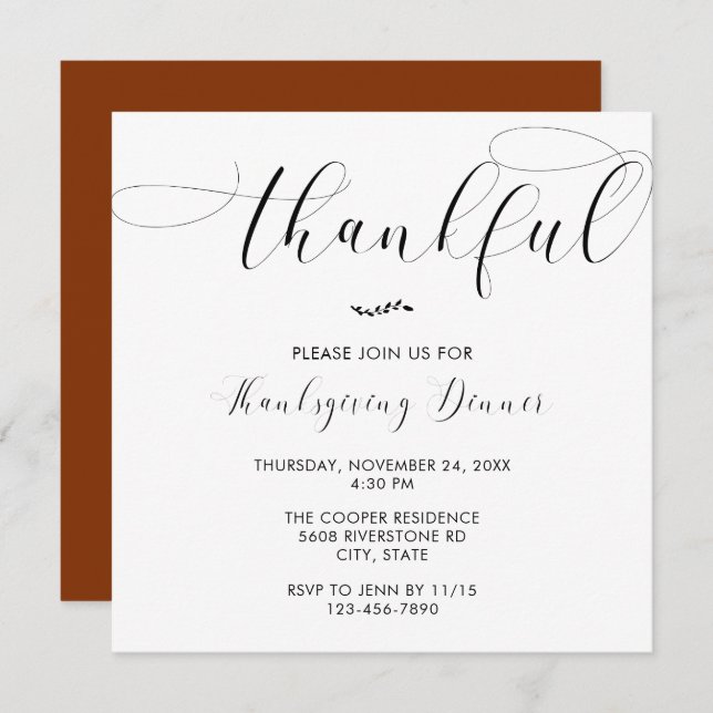 Thankful Thanksgiving Dinner Elegant Simple Script Invitation (Front/Back)