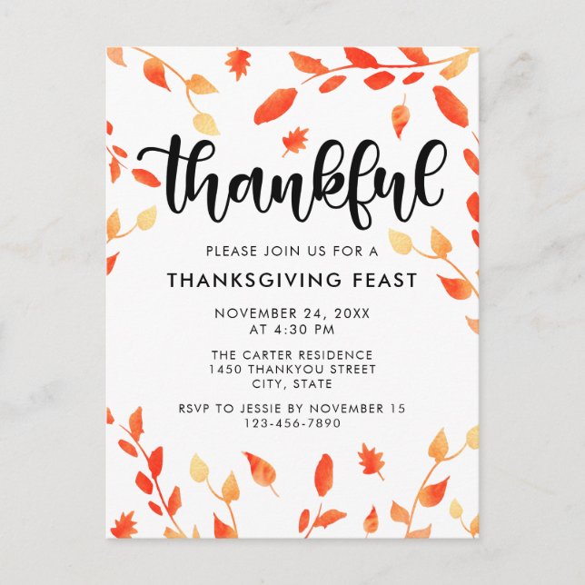 Thankful Thanksgiving Dinner Fall Autumn Leaves Postcard (Front)