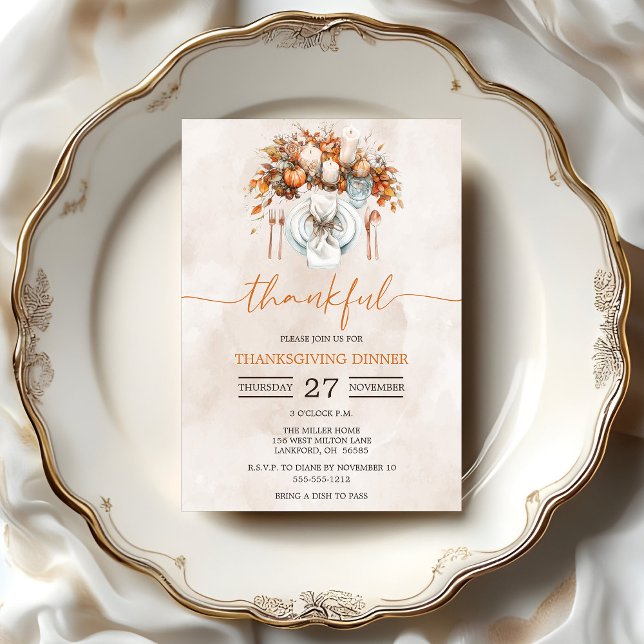 Thankful Thanksgiving Dinner  Invitation (Formal Thankful Watercolor Thanksgiving Dinner Invitation)