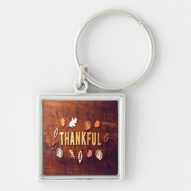 Thankful Thanksgiving Fall Leaves Pumpkin Key Ring (Front)