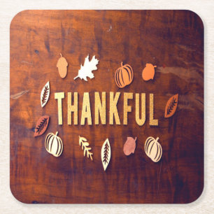 Thankful Thanksgiving Fall Leaves Pumpkin Square Paper Coaster