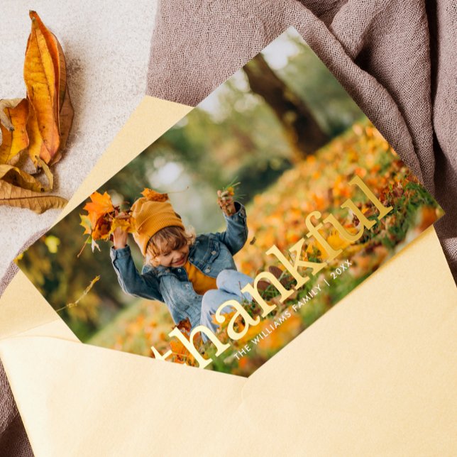 "Thankful" Thanksgiving Family Photo Foil Holiday Card (Creator Uploaded)
