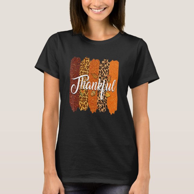 Thankful Thanksgiving Leopard Buffalo Plaid Splici T-Shirt (Front)