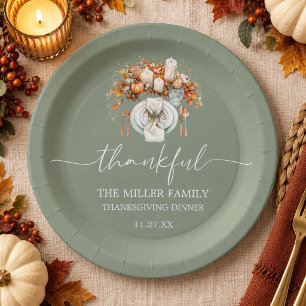 Thankful Thanksgiving Place Setting Sage Green Paper Plate