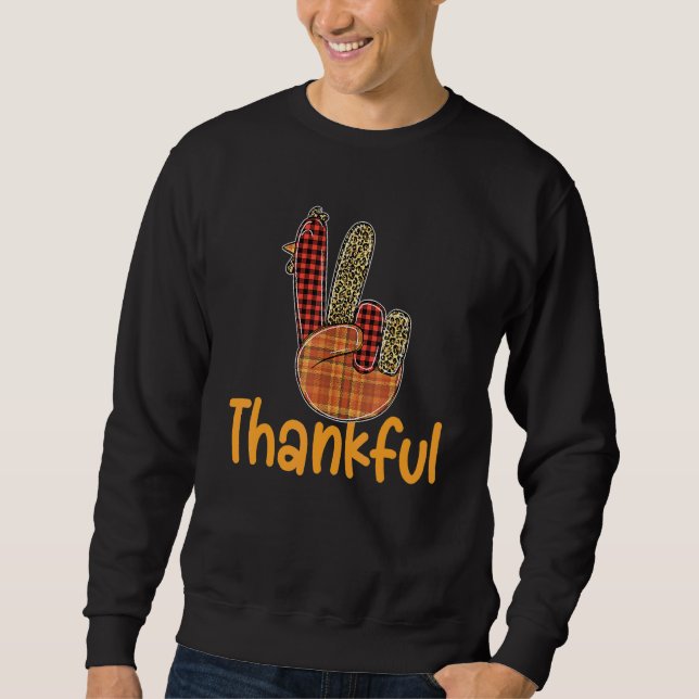 Thankful Turkey Hand Sign Peace Leopard Plaid Than Sweatshirt (Front)