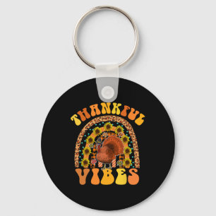 THANKFUL VIBES Rainbow Turkey Fall Retro Groovy Th Key Ring