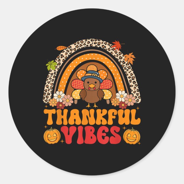 Thankful Vibes Turkey Rainbow Retro Thanksgiving W Classic Round Sticker (Front)