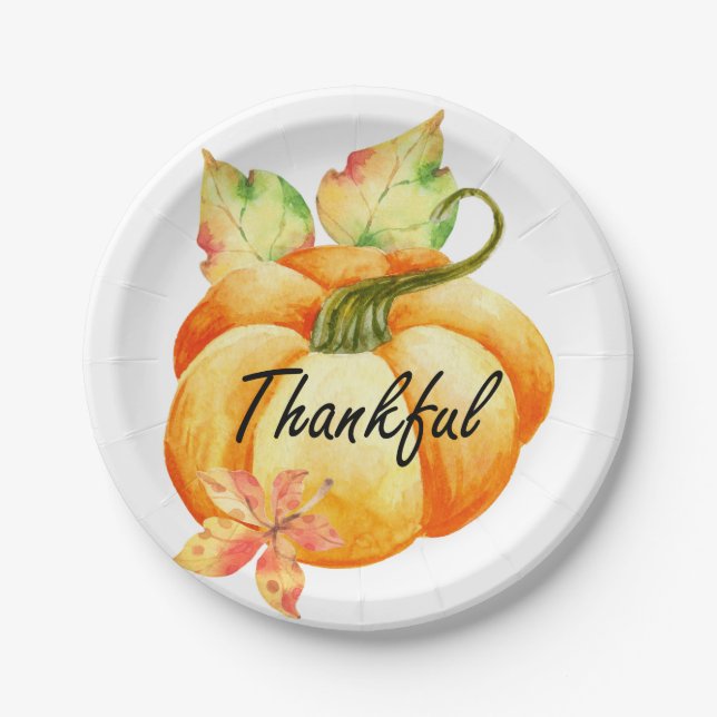 Thankful Watercolor Thanksgiving Paper Plate (Front)