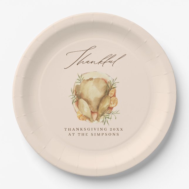 Thankful Watercolor Turkey  Paper Plate (Front)