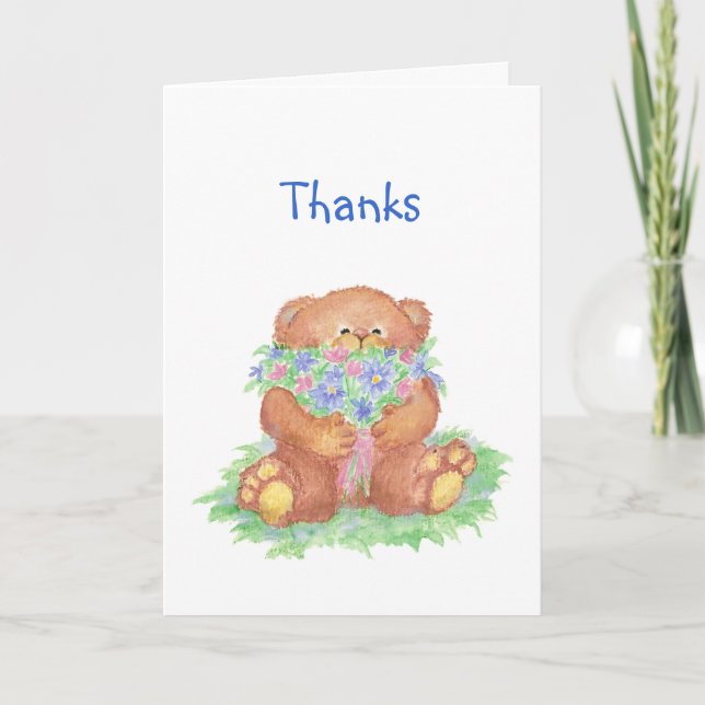 Thanks a Bunch Humor, Teddy Bear Flowers Thank You Card (Front)