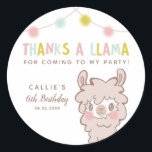 Thanks A Llama Baby Shower Favour Classic Round Sticker<br><div class="desc">Cute llama theme birthday party favour sticker featuring a cartoon-style illustration of a llama with pink cheeks with colourful string lights at the top.  The text says "Thanks A Llama for coming to my party! " Perfect for a girl's party.</div>