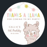 Thanks A Llama Baby Shower Favour Classic Round Sticker<br><div class="desc">Cute llama theme birthday party favour sticker featuring a cartoon-style illustration of a llama with pink cheeks with colourful string lights at the top.  The text says "Thanks A Llama for coming to my party! " Perfect for a girl's party.</div>