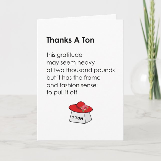 Thanks A Tonne - a funny thank you poem (Front)