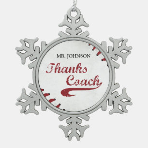 Thanks Baseball Coach Large Grunge Baseball Snowflake Pewter Christmas Ornament