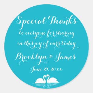 Thanks Blue White Wedding Stickers With Swans