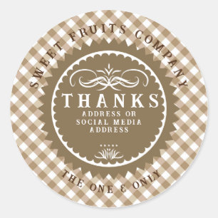 Thanks Brown Gingham Classic Round Sticker