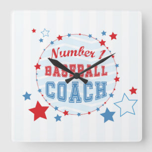 Thanks Coach All-Stars Baseball, Red, Blue Stripes Square Wall Clock