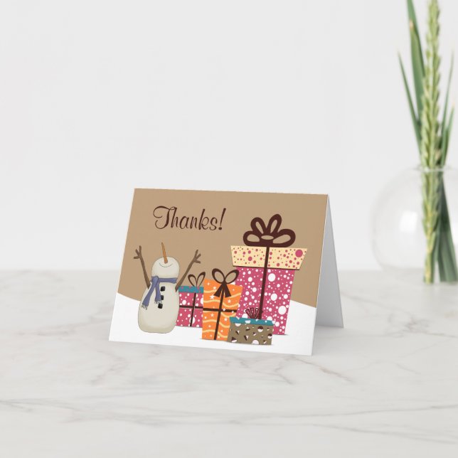 Thanks! Cute Snowman in The Snow with Gifts Winter Thank You Card (Front)