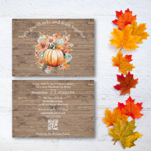 thanks & feast thanksgiving rustic qr code stylish invitation