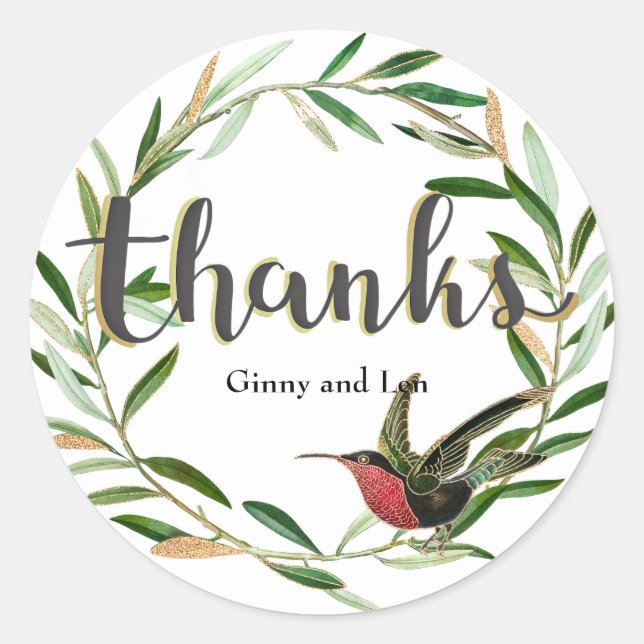 Thanks, floral wreath with bird foil classic round sticker (Front)