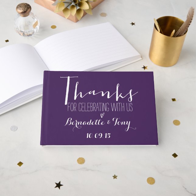 Thanks For Celebrating With Us! Purple Wedding Guest Book (Front Open)