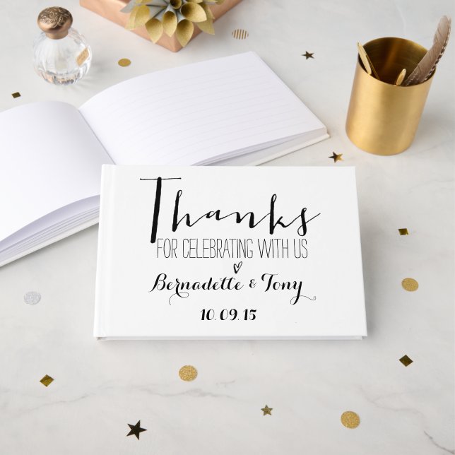 Thanks For Celebrating With Us! White Wedding Guest Book (Front Open)