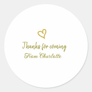 thanks for coming add name text message golden hea classic round sticker