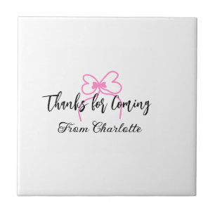 thanks for coming add name text message pink bow f ceramic tile