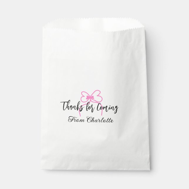 thanks for coming add name text message pink bow f favour bag (Front)