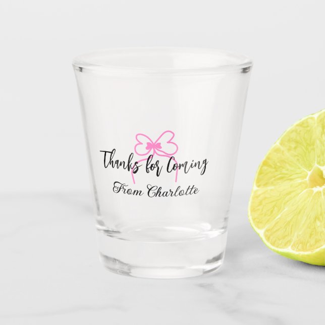 thanks for coming add name text message pink bow f shot glass (Front)