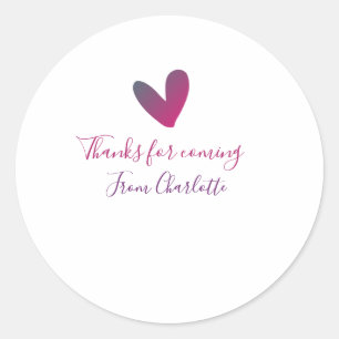 thanks for coming add name text message pink heart classic round sticker