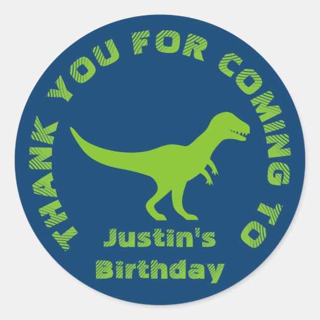 Thanks for coming dinosaur birthday party stickers (Front)
