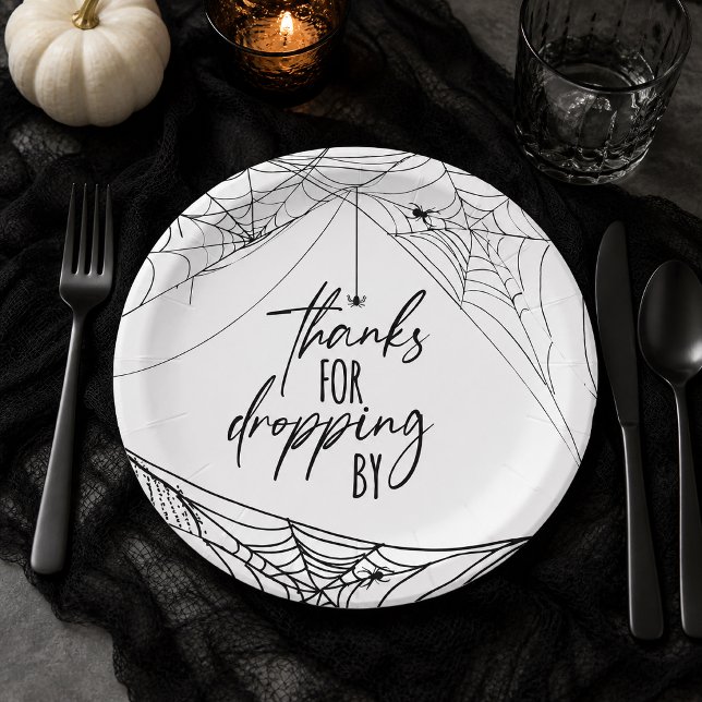 Thanks for Dropping By Spiderweb Halloween Paper Plate (Thank your guests for crawling into the celebration with these clever “Thanks for Dropping By” plate)