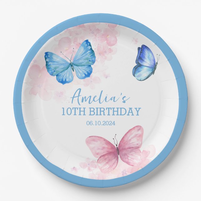Thanks for fluttering Butterflies Birthday Paper Plate (Front)