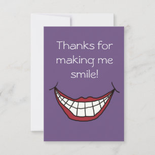 Thanks for making me smile! red lips on purple thank you card