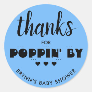 Thanks for Poppin' By Baby Shower Popcorn Blue Classic Round Sticker