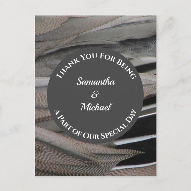 Thanks Grey Feather Thank You Wedding Guest Postcard (Front)