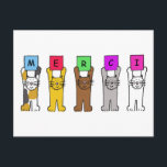 Thanks in French Cartoon Cats Saying 'Merci'. Postcard<br><div class="desc">Cartoon cats holding up brightly coloured cards which have letters on that spell out 'Merci',  which means 'Thanks' in French.</div>