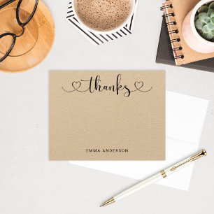 Thanks in Modern Heart Script Kraft Personalised Thank You Card