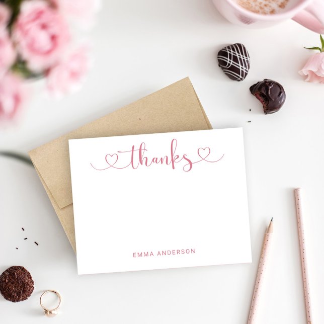 Thanks in Modern Pink Heart Script Personalised Thank You Card (Creator Uploaded)